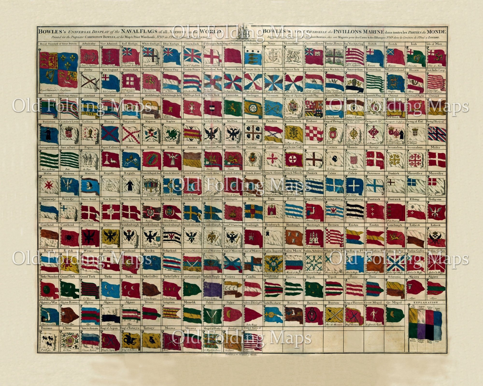 Antique Illustration of Naval Flags of the World circa 1783