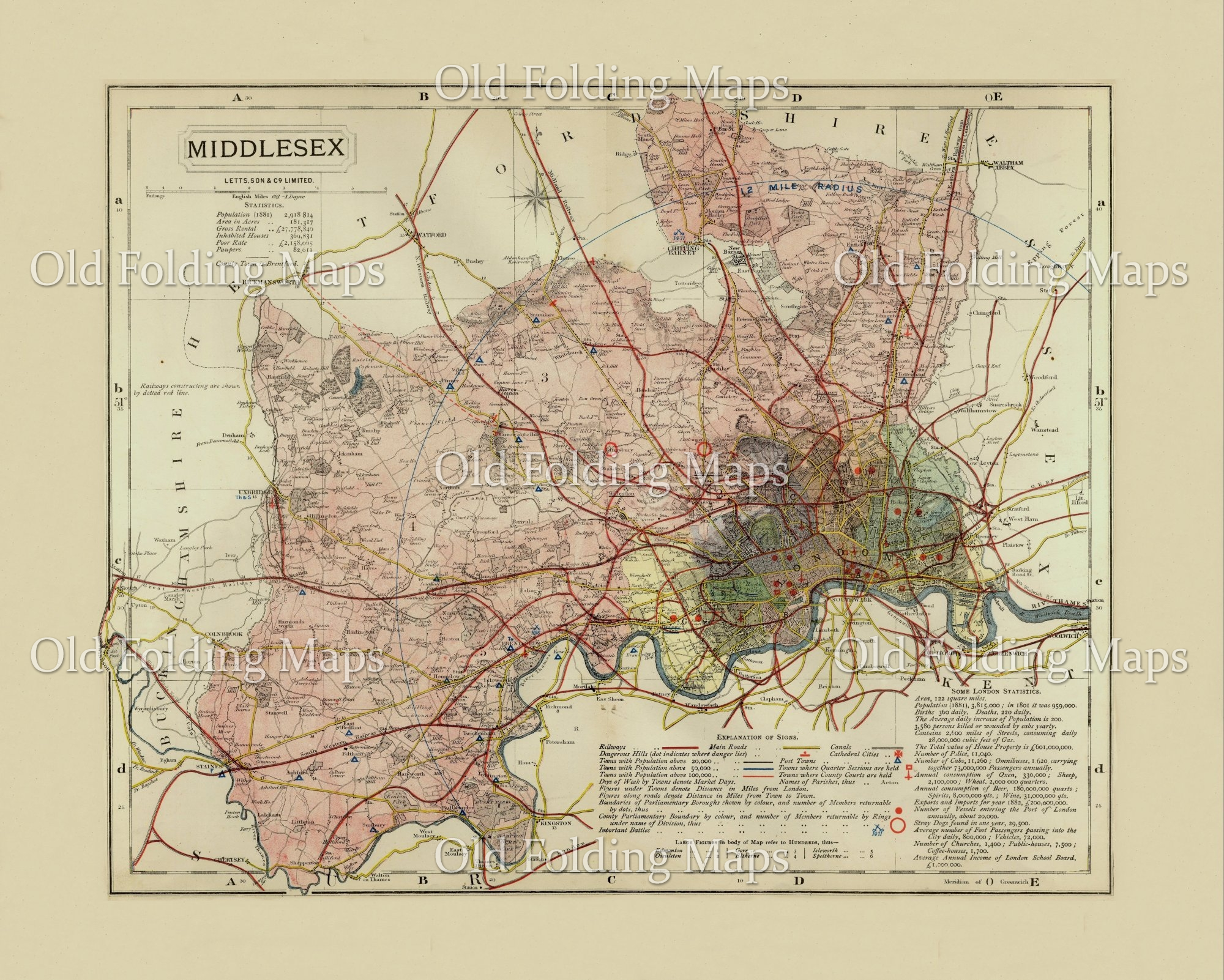 Antique County Map of Middlesex circa 1884