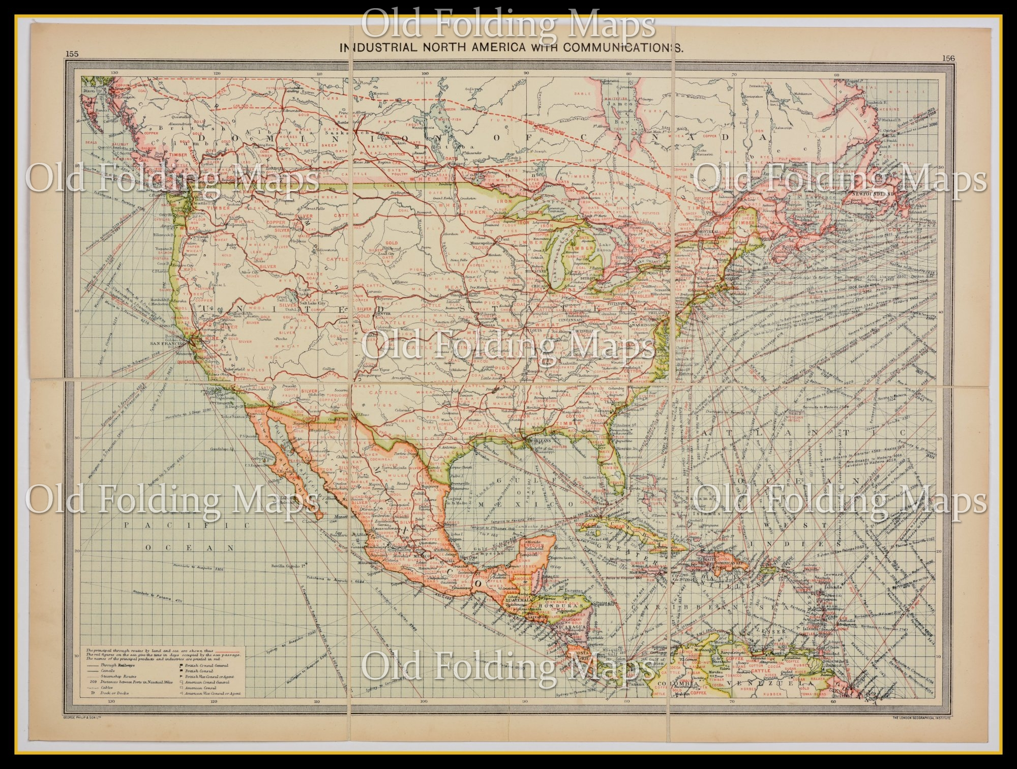 Old Map of North America Industries & Communications circa 1900