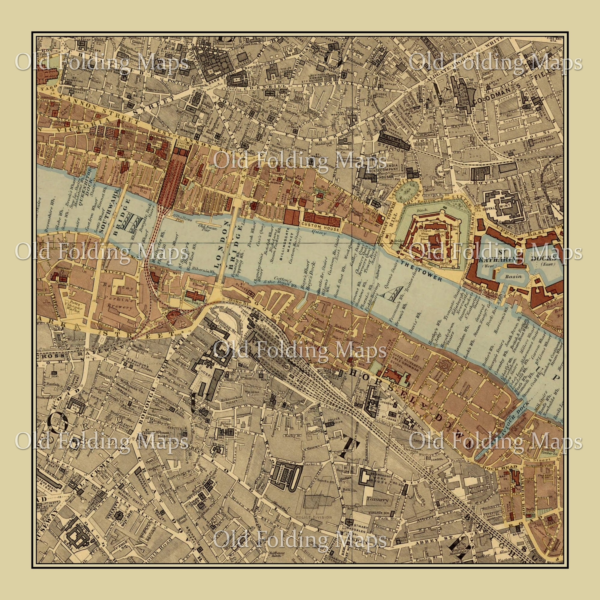 A Map of Southwark Bridge, Borough High Street, London Bridge & the Tower of London circa 1877