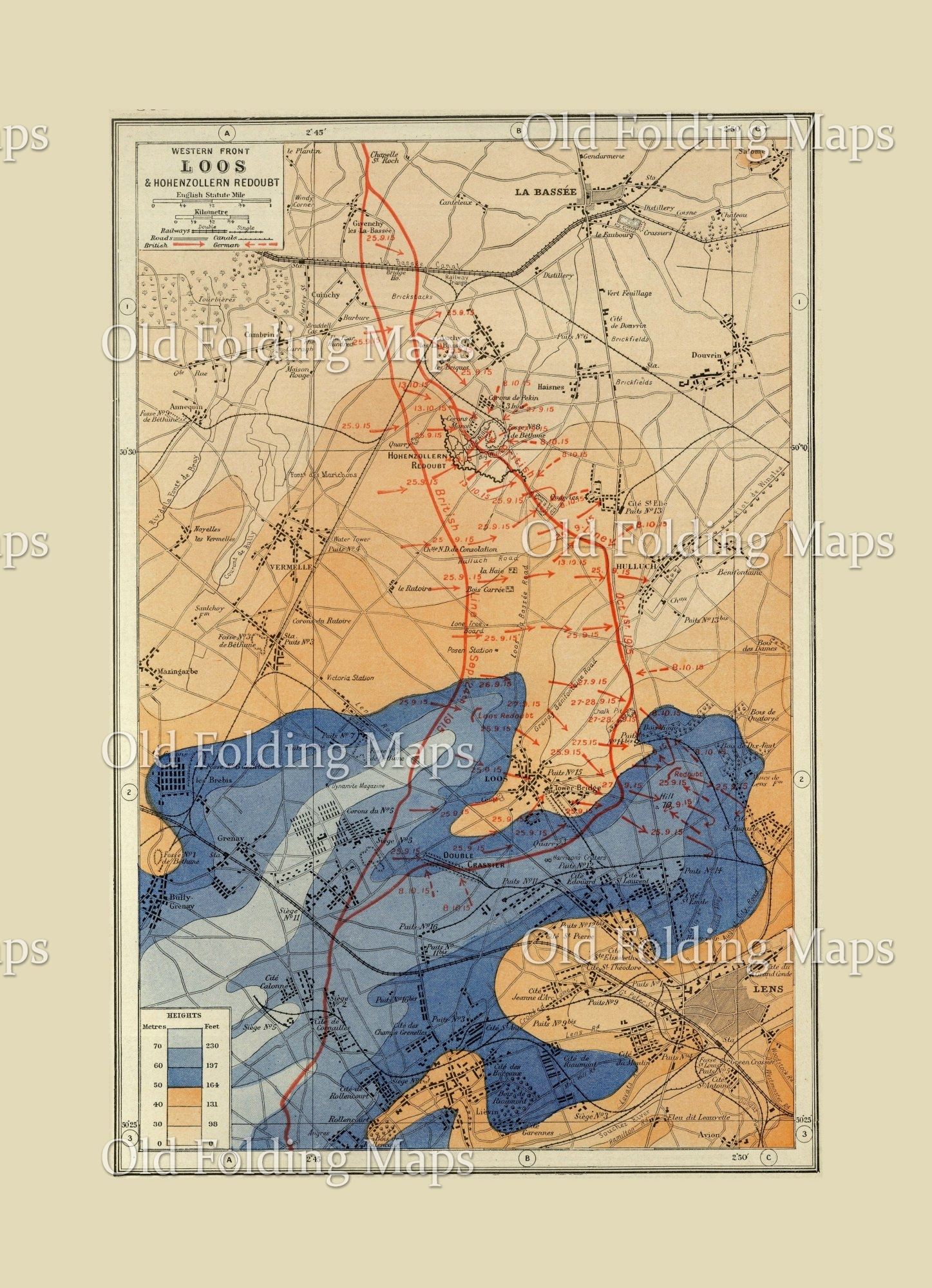 World War One map of the Western Front - Loos & Hohenzollern, France - 1915