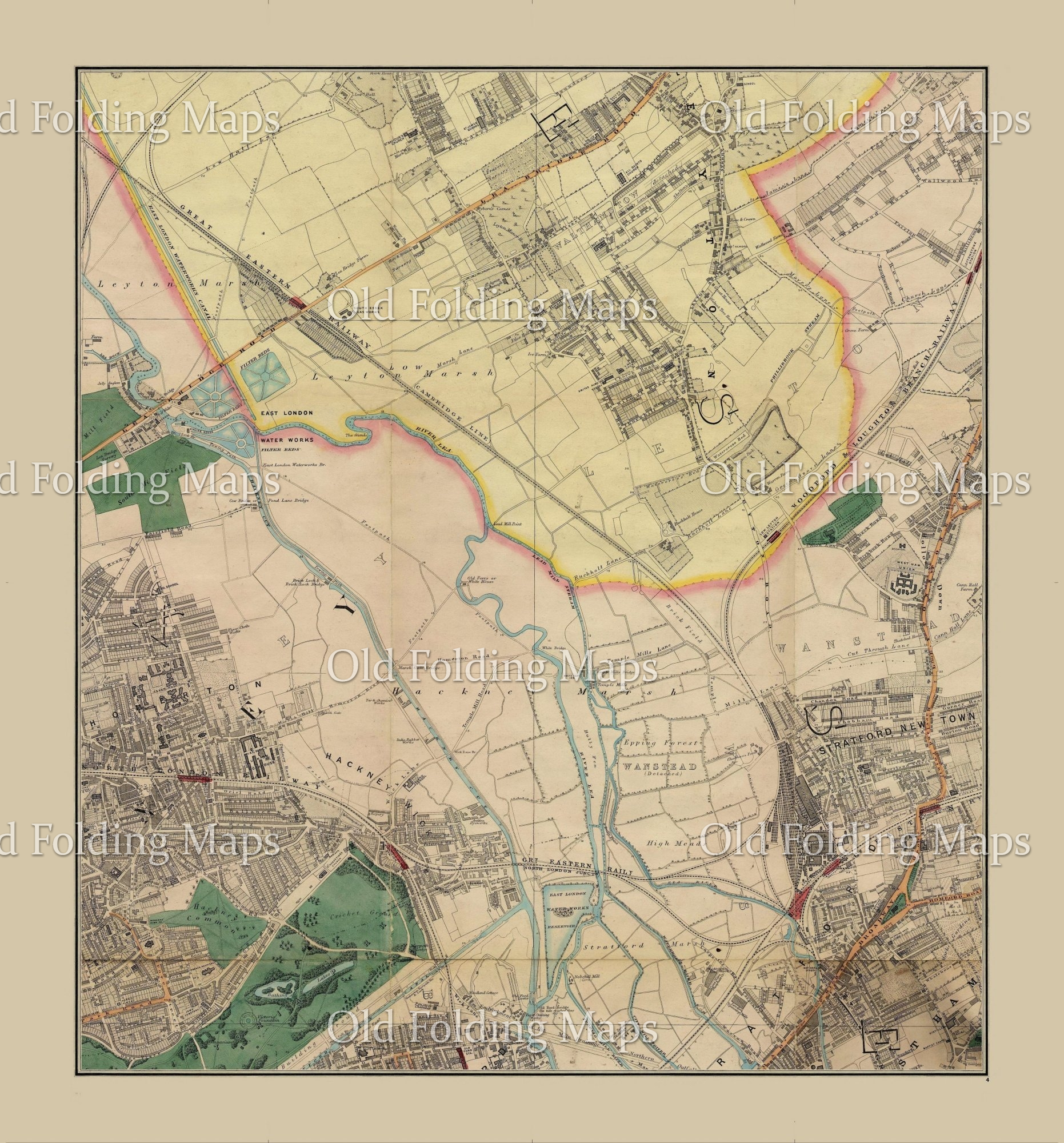 Old Map of Victorian London Leyton Marsh - Wanstead - Walthamstow - Hackney circa 1878