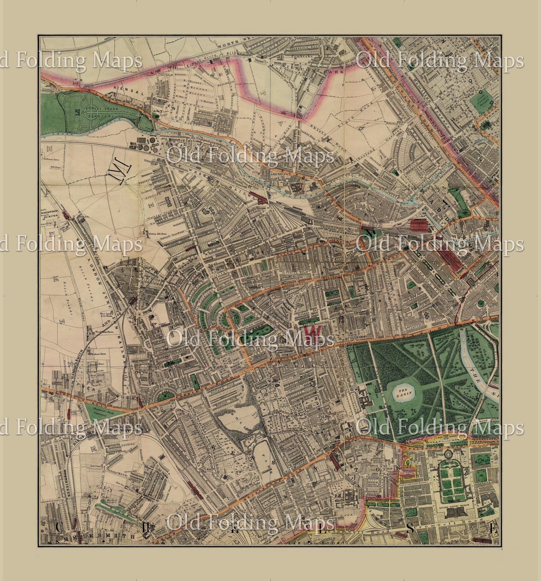 Old Map of Victorian London Shepherds Bush - Bayswater - Kilburn - Chelsea  circa 1878
