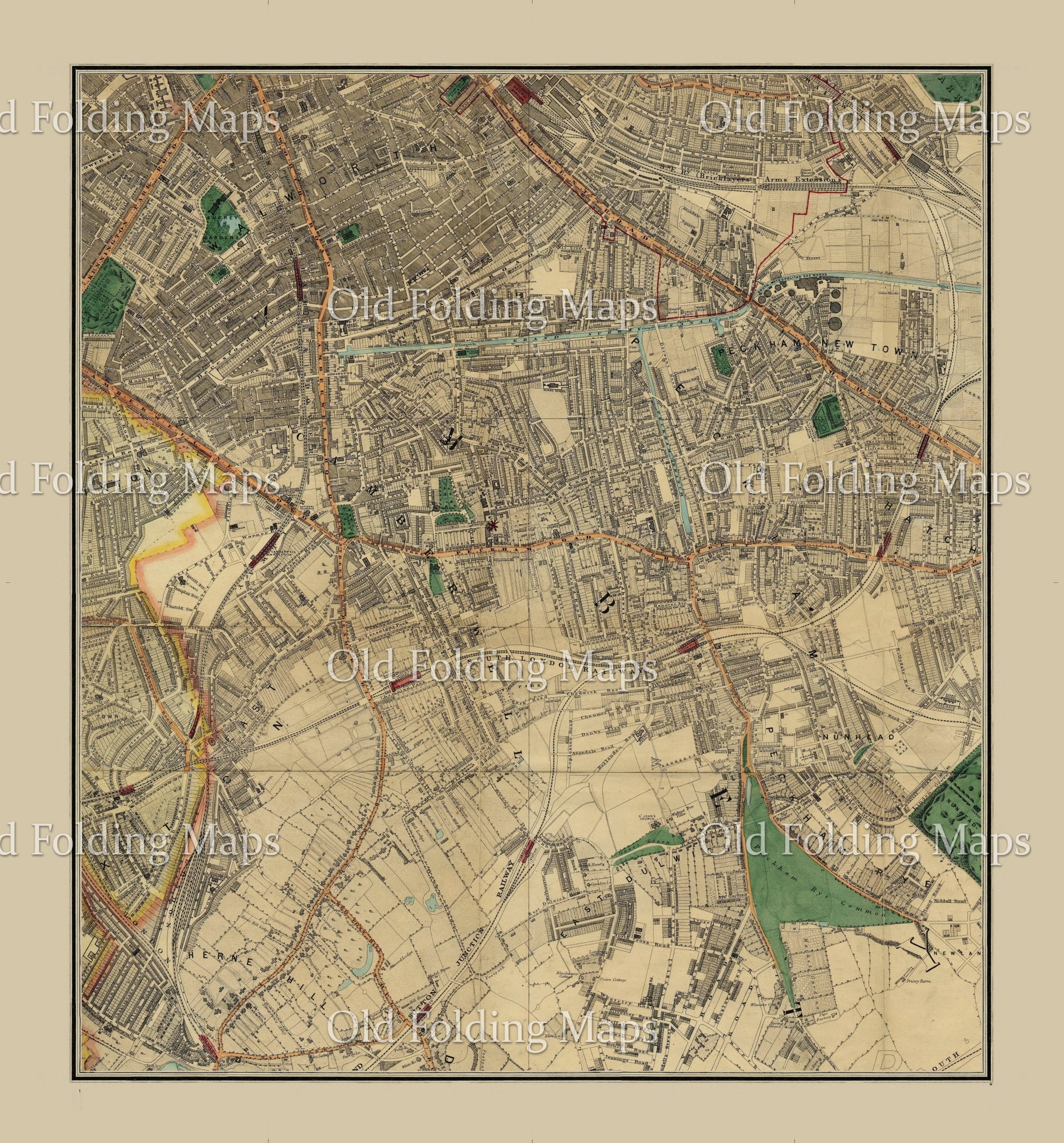 Old Map of Victorian London Walworth - Herne Hill - Hoxton - Peckham circa 1878