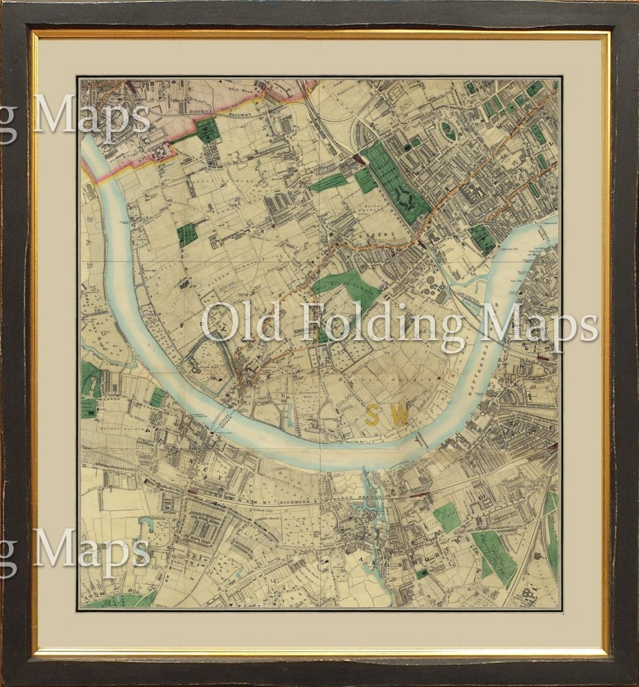 Old Map of Victorian London Fulham - Battersea - West Brompton - Wandsworth circa 1878
